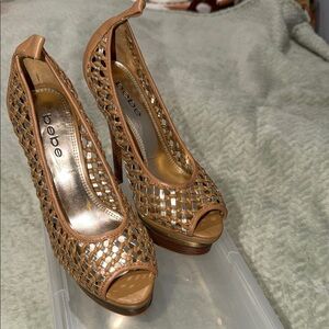 Bebe Woven Brown Peep Toe Heels